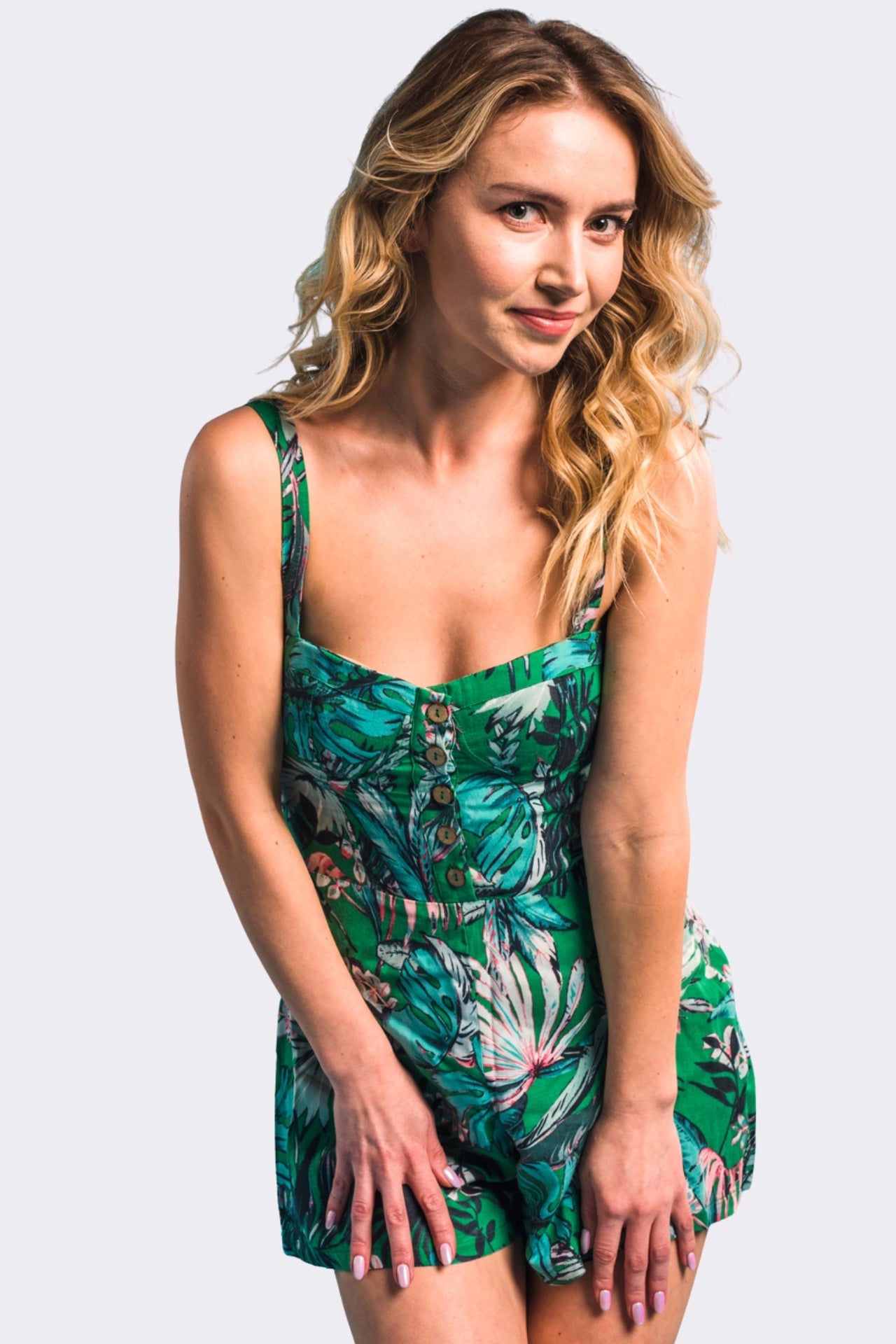 Tropical Green Floral Button-Up Romper Secondary image